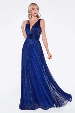 Cinderella Divine - Plunging V-Neck Shirr-Ornate A-Line Evening Gown Formal Gowns