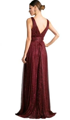 Cinderella Divine - Plunging V-Neck Shirr-Ornate A-Line Evening Gown Formal Gowns