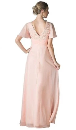 Cinderella Divine - Rosette Accented Ruched V-neck A-line Dress Formal Gowns