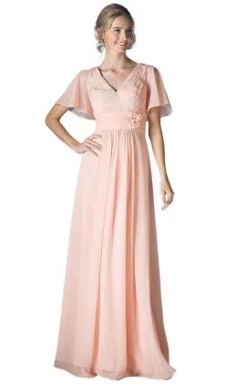 Cinderella Divine - Rosette Accented Ruched V-neck A-line Dress Formal Gowns