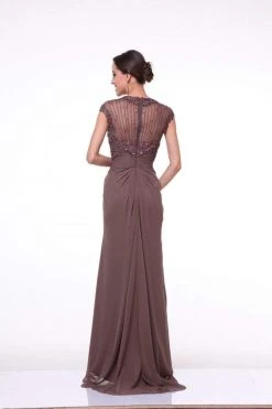 Cinderella Divine - Sheer Embellished V-neck Sheath Dress Formal Gowns