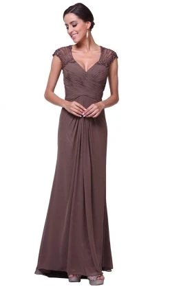 Cinderella Divine - Sheer Embellished V-neck Sheath Dress Formal Gowns