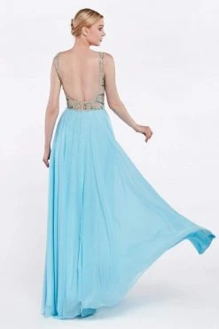 Cinderella Divine - Sheer Long Bell Sleeves Beaded Chiffon Evening Gown
