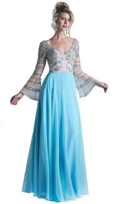 Cinderella Divine - Sheer Long Bell Sleeves Beaded Chiffon Evening Gown