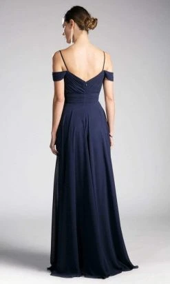 Cinderella Divine - Shirred Plunging Sweetheart Cold Shoulder Chiffon Gown Formal Gowns
