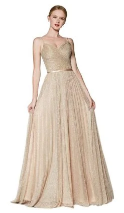 Formal Gowns Cinderella Divine - Shirred V Neck Metallic Knit A-Line Gown CJ269 - 1 Pc Gold In Size 10 Available