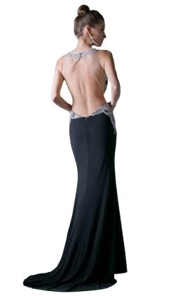 Formal Gowns Cinderella Divine - Sleeveless Beaded Halter Jersey Sheath Dress
