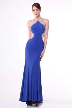 Formal Gowns Cinderella Divine - Sleeveless Bedazzled Illusion Halter Sheath Dress
