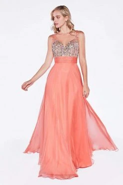 Cinderella Divine - Sleeveless Bedazzled Plunging V-neck A-line Dress Formal Gowns
