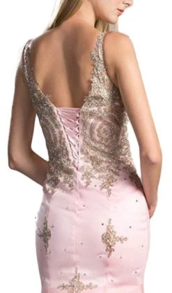 Cinderella Divine - Sleeveless Gilt Lace Appliqued Mermaid Gown Formal Gowns