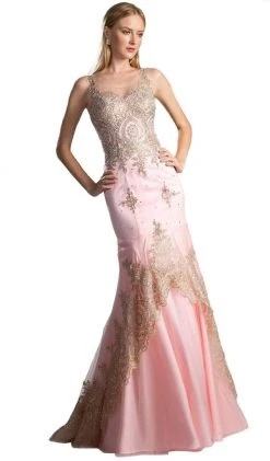 Cinderella Divine - Sleeveless Gilt Lace Appliqued Mermaid Gown Formal Gowns
