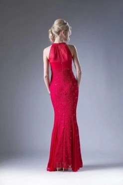 Cinderella Divine - Sleeveless Lace Illusion Halter Sheath Dress