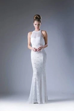 Cinderella Divine - Sleeveless Lace Illusion Halter Sheath Dress