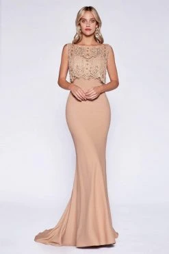 Formal Gowns Cinderella Divine - SL767 Sleeveless Lace Popover Fitted Evening Gown