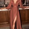 Cinderella Divine - Split Sleeve Plunging High Slit Dress 7475 Formal Gowns