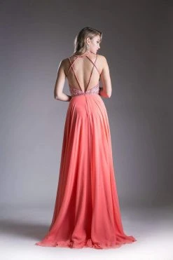 Formal Gowns Cinderella Divine - Strappy Beaded Plunging Chiffon Evening Dress
