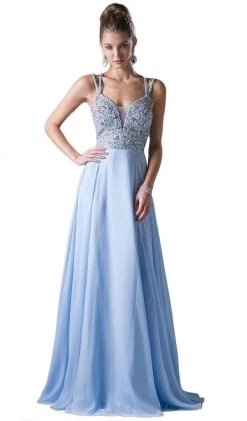 Formal Gowns Cinderella Divine - Strappy Beaded Plunging Chiffon Evening Dress