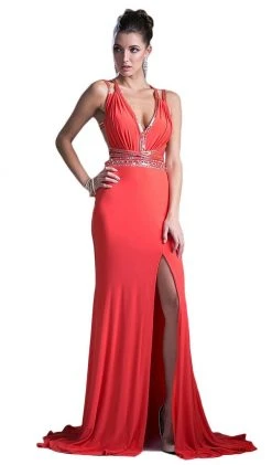 Formal Gowns Cinderella Divine - Strappy Plunging V-Neck Slit Evening Dress
