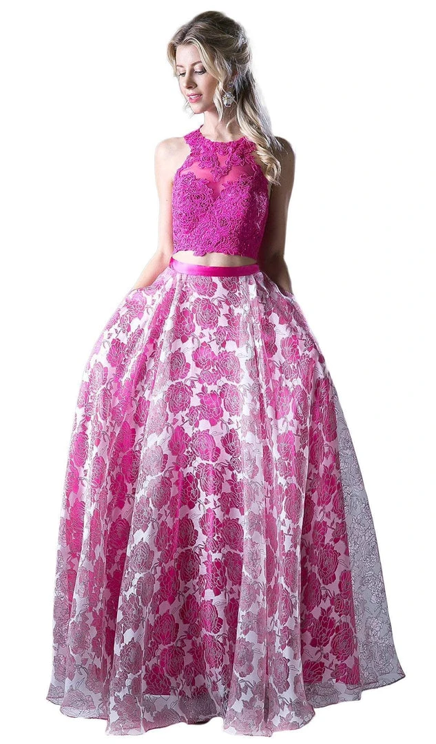 Formal Gowns Cinderella Divine - Two Piece Sequined Floral Printed A-line Gown 3 Formal Gowns Cinderella Divine - Two Piece Sequined Floral Printed A-line Gown