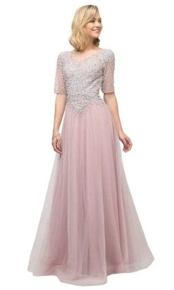 Cinderella Divine - U101 Beaded Lace Bateau A-line Dress With Train Formal Gowns