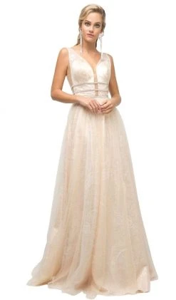 Cinderella Divine - UE011 Plunging Beaded Tri-Band A-Line Gown Formal Gowns
