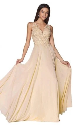 Cinderella Divine - UJ0123 Long Beaded Lace Chiffon A-Line Dress Formal Gowns