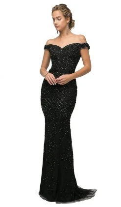 Formal Gowns Cinderella Divine - UK012 Off Shoulder Beaded Lace Ornate Sheath Gown