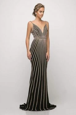 Cinderella Divine - UK017 Gold Beaded Stripe Sheath Gown Formal Gowns 9 Cinderella Divine - UK017 Gold Beaded Stripe Sheath Gown Formal Gowns