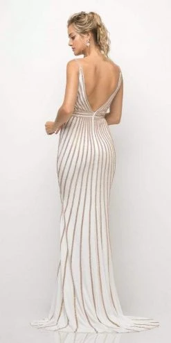 Cinderella Divine - UK017 Gold Beaded Stripe Sheath Gown Formal Gowns 11 Cinderella Divine - UK017 Gold Beaded Stripe Sheath Gown Formal Gowns