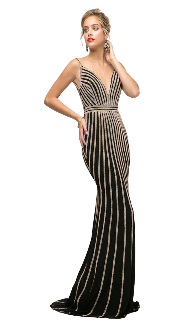 Cinderella Divine - UK017 Gold Beaded Stripe Sheath Gown Formal Gowns 3 Cinderella Divine - UK017 Gold Beaded Stripe Sheath Gown Formal Gowns