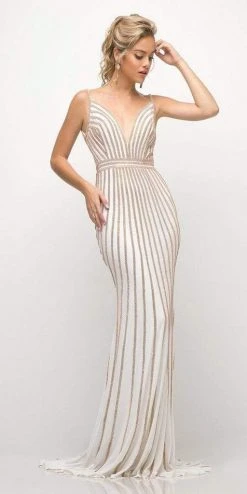 Cinderella Divine - UK017 Gold Beaded Stripe Sheath Gown Formal Gowns 10 Cinderella Divine - UK017 Gold Beaded Stripe Sheath Gown Formal Gowns