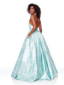 Clarisse - 3767 Plunging Halter V-neck Brocade A-line Dress