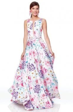 Formal Gowns Clarisse - 3874 Floral Printed Bateau Satin A-line Dress