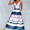 Clarisse - 3878 Plunging V-Neck Striped Ballgown 1 Clarisse - 3878 Plunging V-Neck Striped Ballgown