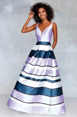Clarisse - 3878 Plunging V-Neck Striped Ballgown