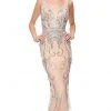 Clarisse - 5034 Beaded Deep V-neck Feathered Trumpet Dress