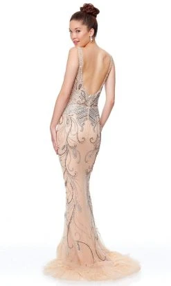 Clarisse - 5034 Beaded Deep V-neck Feathered Trumpet Dress