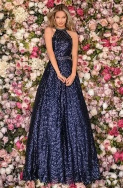 Clarisse - 5112 High Halter Neck Sequined Long Gown - 1 Pc Navy In Size 4 Available Formal Gowns