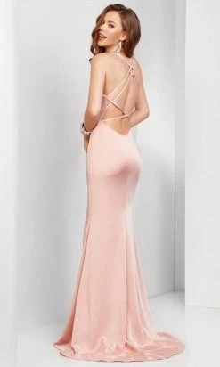 Clarisse - Plunging V-neck Sheath Satin Gown 3456 - 1 Pc Blush In Size 2 Available Formal Gowns