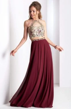 Clarisse Prom - 3529 Halter Metallic Lace Long Prom Dress Formal Gowns