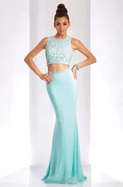 Formal Gowns Clarisse - Two-Piece Crystal Embellished Crop Top Long Sheath Gown 3438 - 1 Pc Seafoam In Size 2 Available