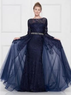 Formal Gowns Colors Dress - Lace Sheath Long Sleeve Gown With Overskirt 1830SL
