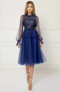 Cristallini - Knee Length Sequin Appliqued High Neck Dress SKA1026 - 1 Pc Royal Blue In Size 3XL Available Cocktail Dresses