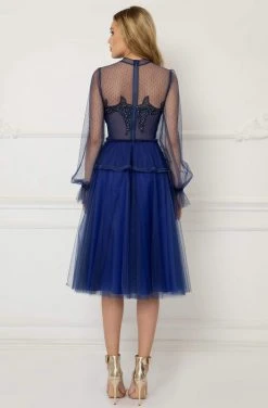 Cristallini - Knee Length Sequin Appliqued High Neck Dress SKA1026 - 1 Pc Royal Blue In Size 3XL Available Cocktail Dresses