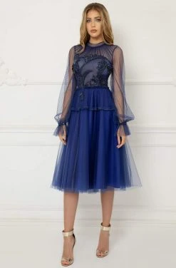 Cristallini - Knee Length Sequin Appliqued High Neck Dress SKA1026 - 1 Pc Royal Blue In Size 3XL Available Cocktail Dresses