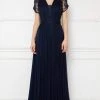 Formal Gowns Cristallini - Sheer Short Sleeves Pleated Evening Gown SKA991 - 1 Pc Navy In Size 3XL Available