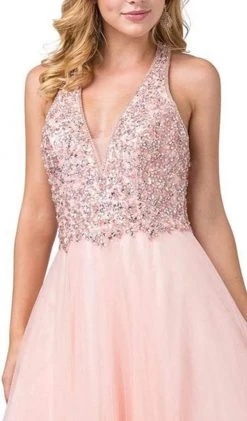 Dancing Queen - 2532 Beaded Sheer Deep Halter V-neck A-line Gown - 1 Pc Blush In Size S Available