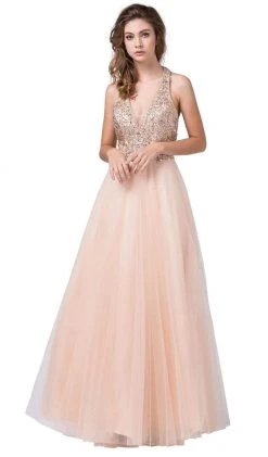 Dancing Queen - 2532 Beaded Sheer Deep Halter V-neck A-line Gown - 1 Pc Blush In Size S Available