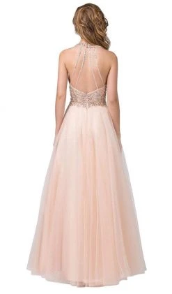 Dancing Queen - 2532 Beaded Sheer Deep Halter V-neck A-line Gown - 1 Pc Blush In Size S Available
