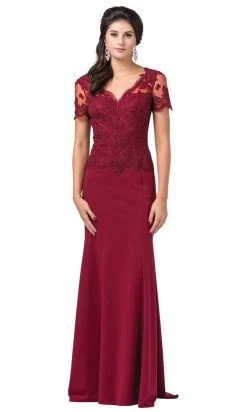 Formal Gowns Dancing Queen - 2535 Short Sleeve Jeweled Appliqued Illusion Gown